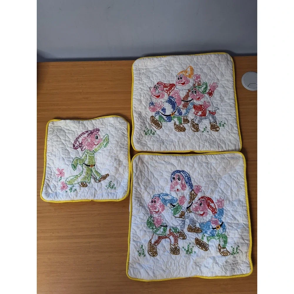 Vintage Seven Dwarfs Cross Stitch Quilted Pillow Covers Set of 3 Yellow Trim